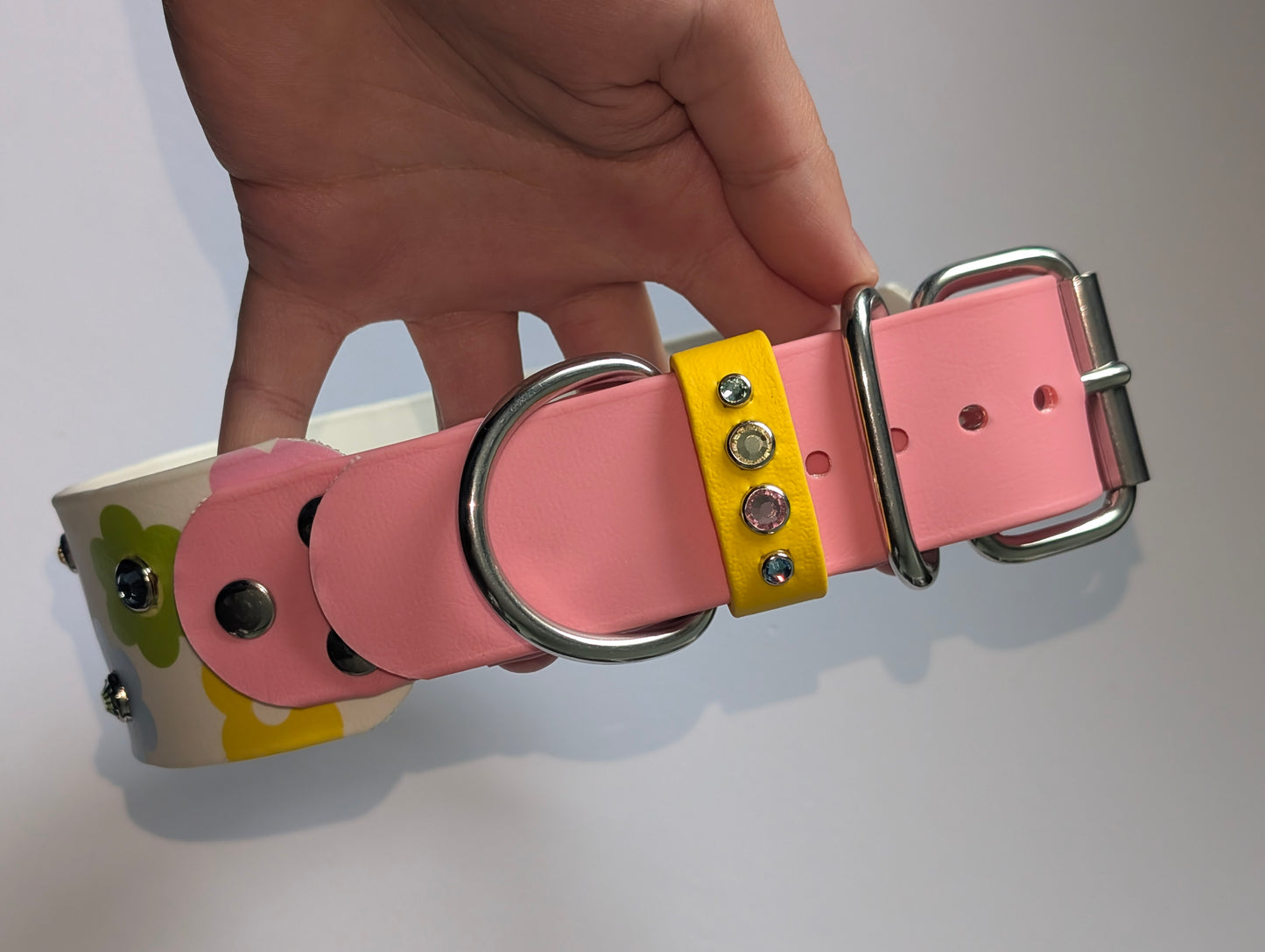 PREMADE COLLAR - 2" tapered to 1.5" width, fits 17-20", Silver hardware, Pastel Pink strap