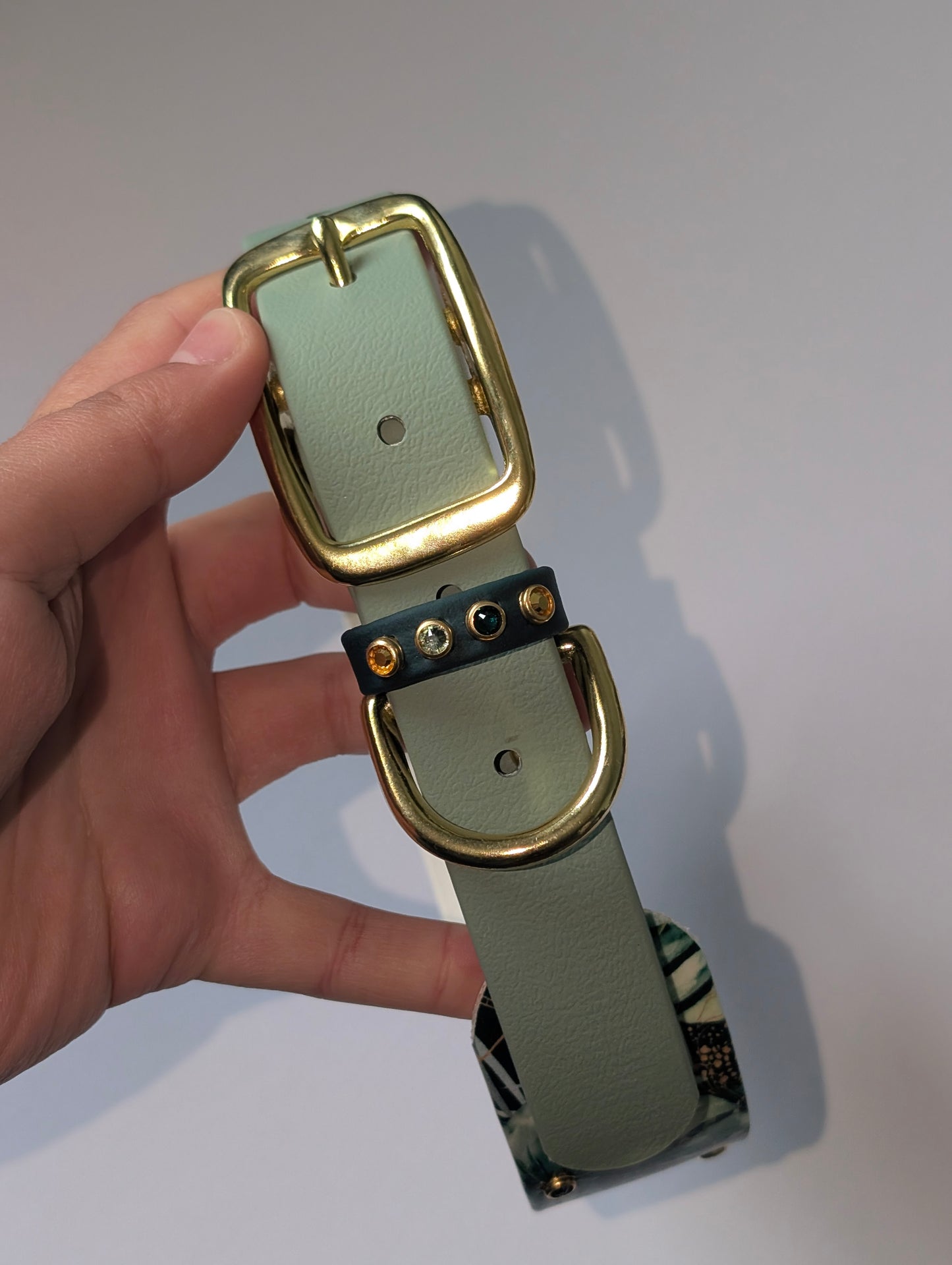 PREMADE COLLAR - 1.5" tapered to 1" width, fits 16-20, Brass hardware, Sage Strap